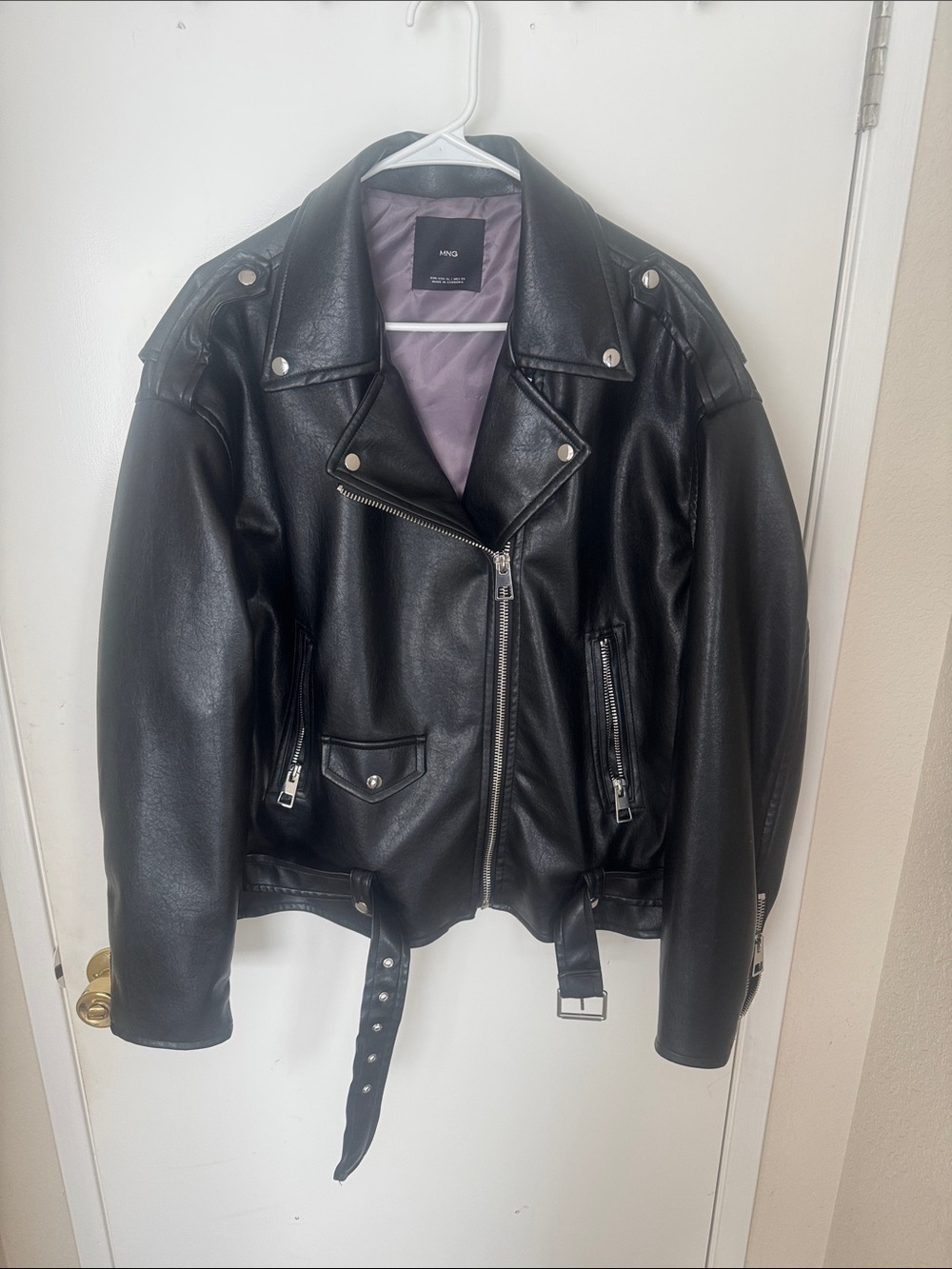 Mango Black Faux Leather Bomber Jacket with Purple Lining Size XL